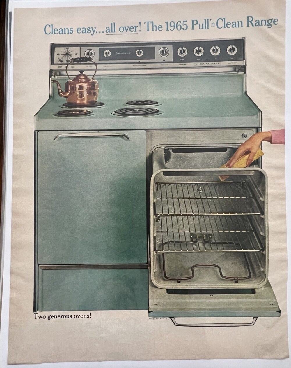 Vtg 1960s Aqua Blue Frigidaire Range Stove Pull 'N Clean MCM Kitchen Print Ad